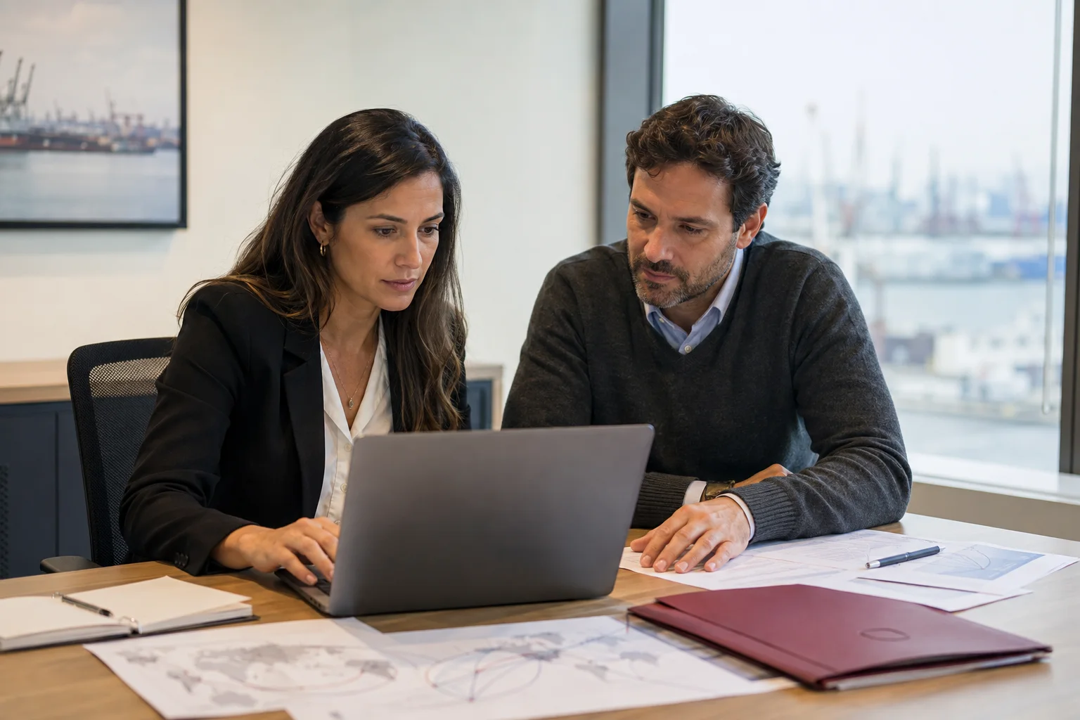 Profesionales analizando documentación de una operación de comercio exterior